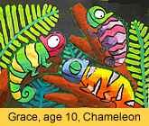 a kid's chameleon artwork in ready-mix paint painted in children art class