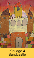 a kid's sand castle artwork in oil pastel painted in children art class