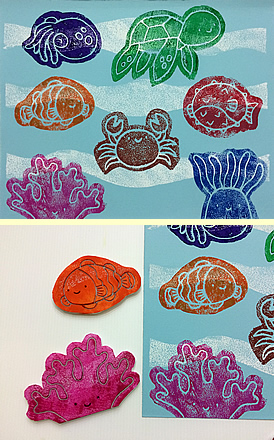 School holiday class: printmaking class for kids and teenagers. Cute sea creatures like clownfish, puffer fish, crab, baby octopus, baby sea turtle, sea coral, sea anemone.