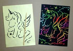 Art supplies / kids birthday party ideas / gift ideas: scratch art, unicorn design