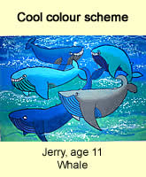 whale artwork in cool colours by a kid, age 11, from our children art class