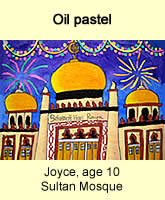 Sultan Mosque artwork in oil pastel by a kid, age 10, from our children art class