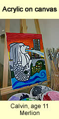 Merlion in acrylic by a kid, age 11, from our children art class