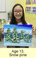 Teenager, age 13, with her painting of snow pine, acrylic on canvas.